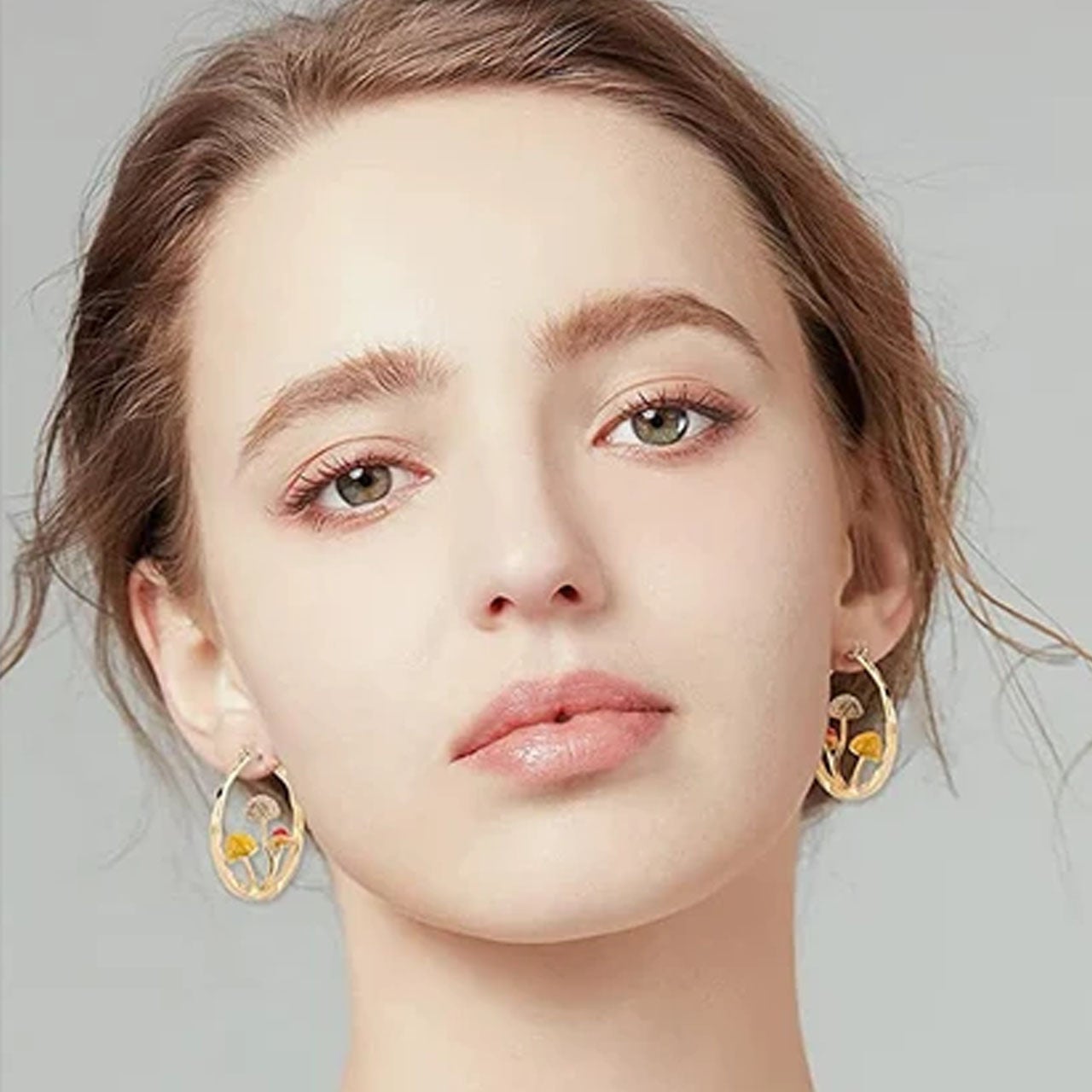 Mushroom Hoop Earrings in gold with tiny mushroom acceents