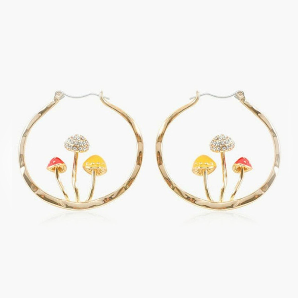 Mushroom Hoop Earrings in gold with tiny mushroom acceents