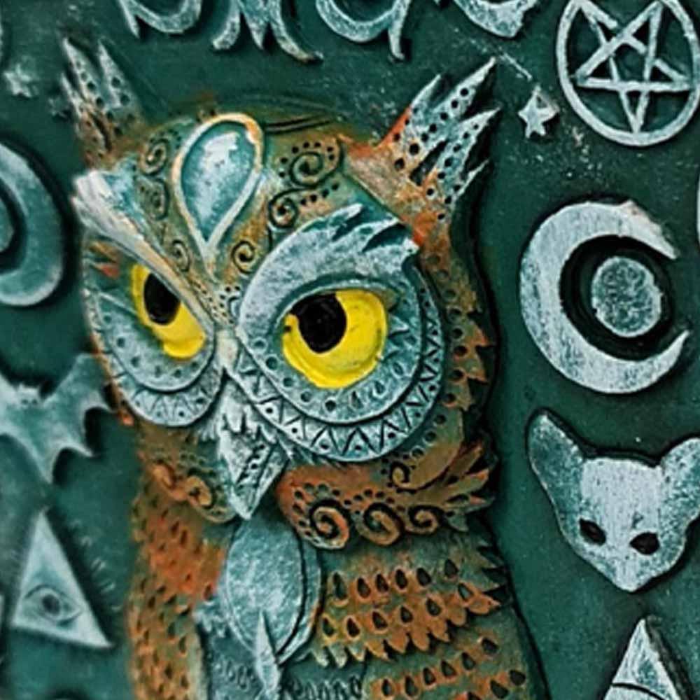 Owl of Wisdom Trinket Box, green box with owl design on lid