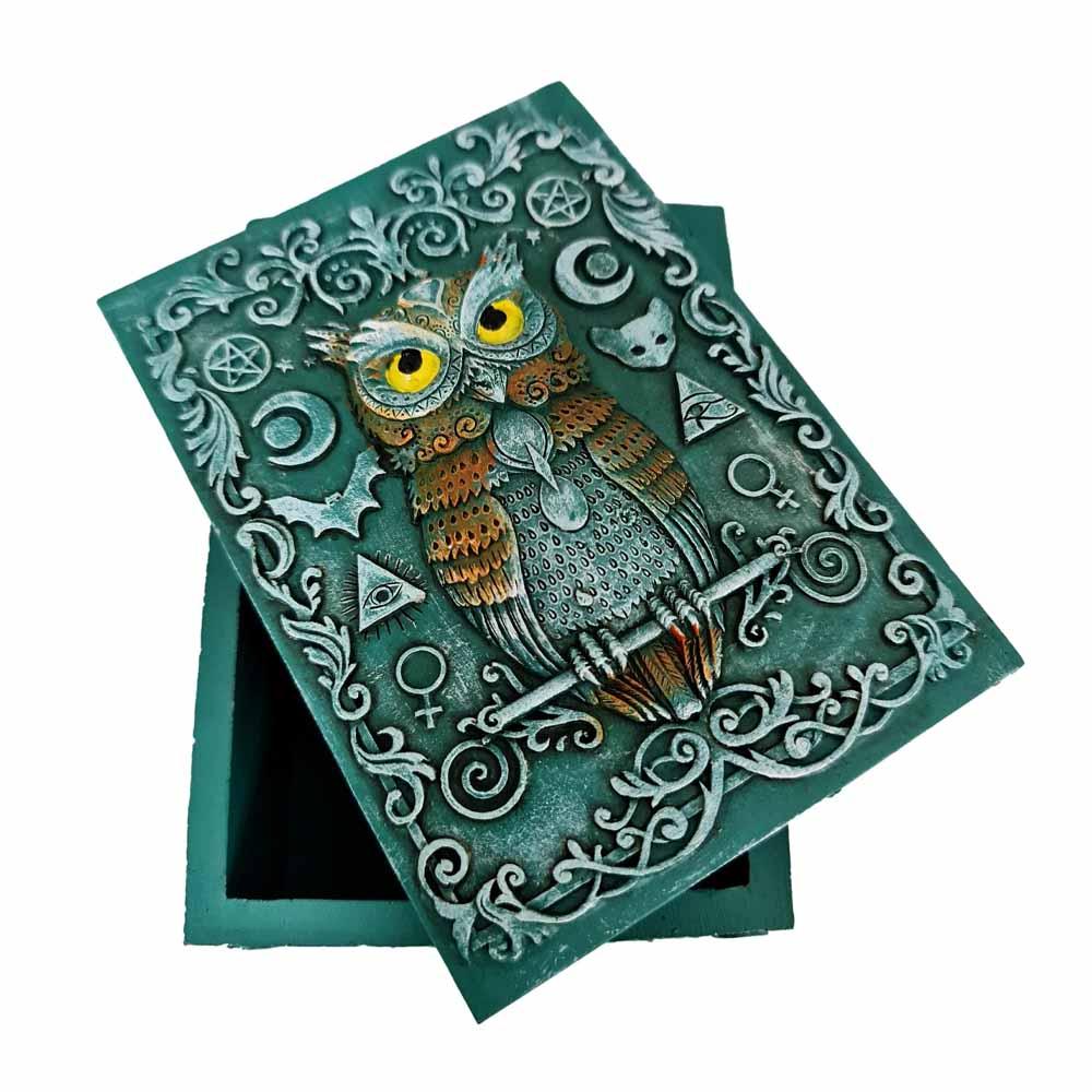 Owl of Wisdom Trinket Box, green box with owl design on lid