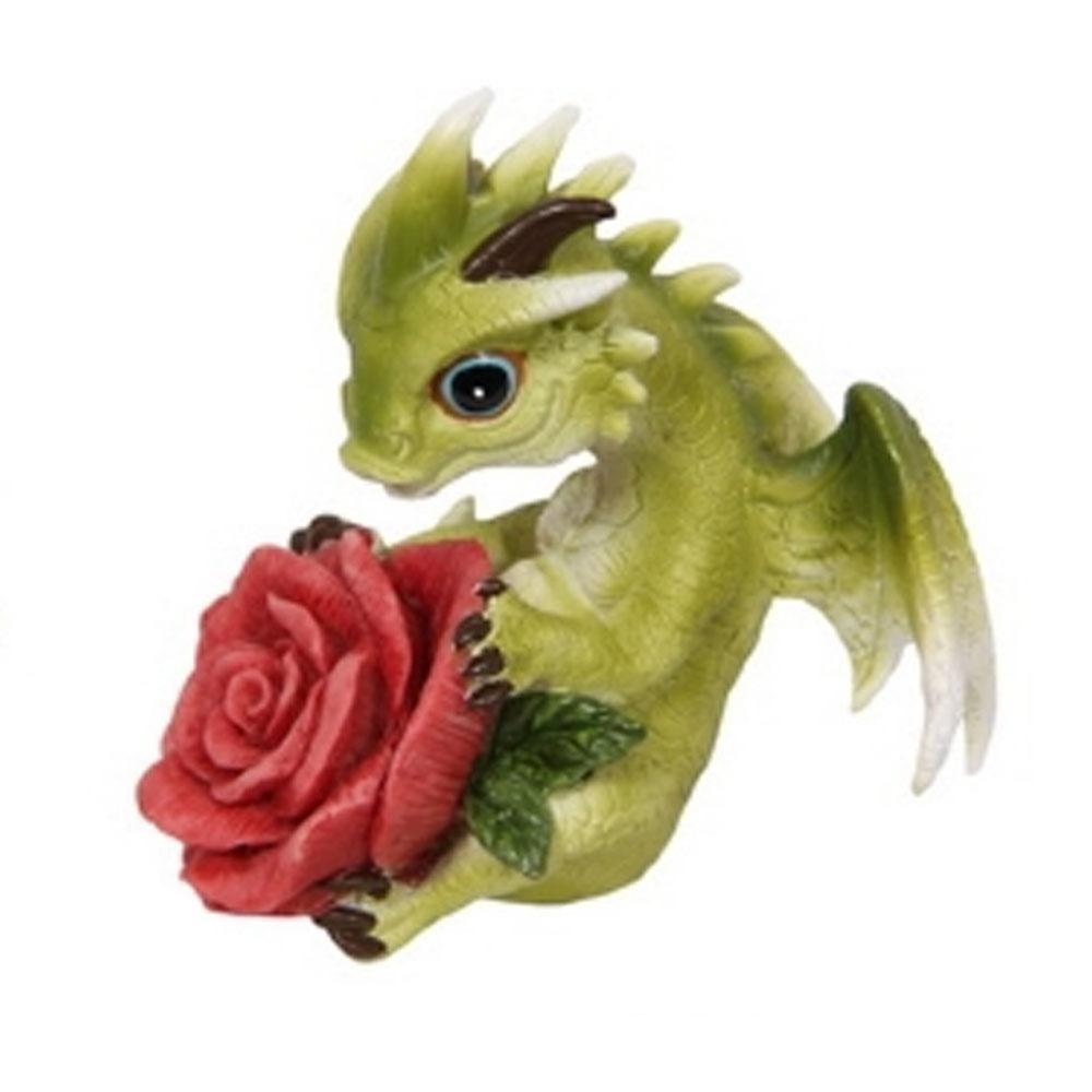 Puff Love Dragon with Rose Statues & Ornaments Earth Fairy Lying Down 
