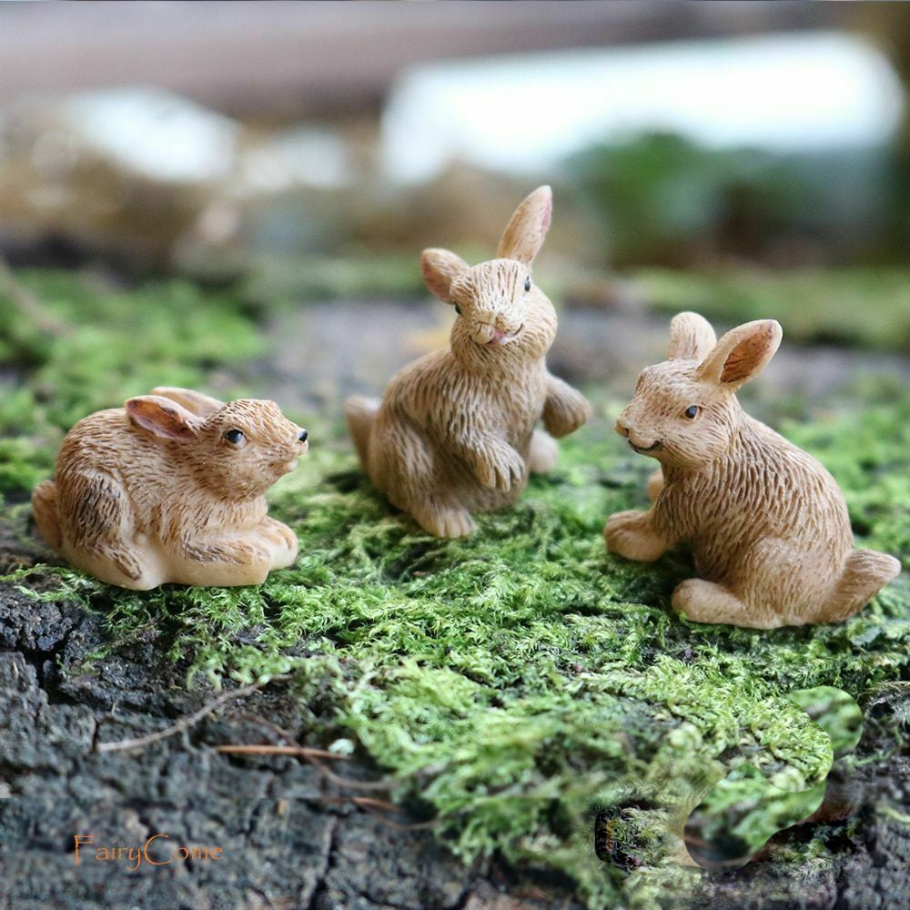Rabbit Family - Set of 3 Miniature Rabbit Figurines - in fairy garden setting