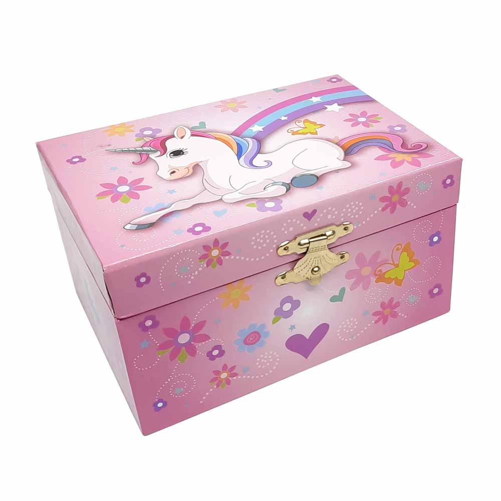 Rainbow Unicorn Jewellery Box shown with lid closed.