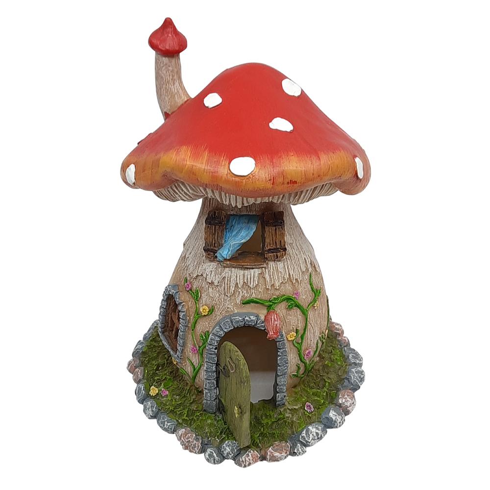 Miniature Red Mushroom Fairy House with Opening Door, a resin fairy house for the garden