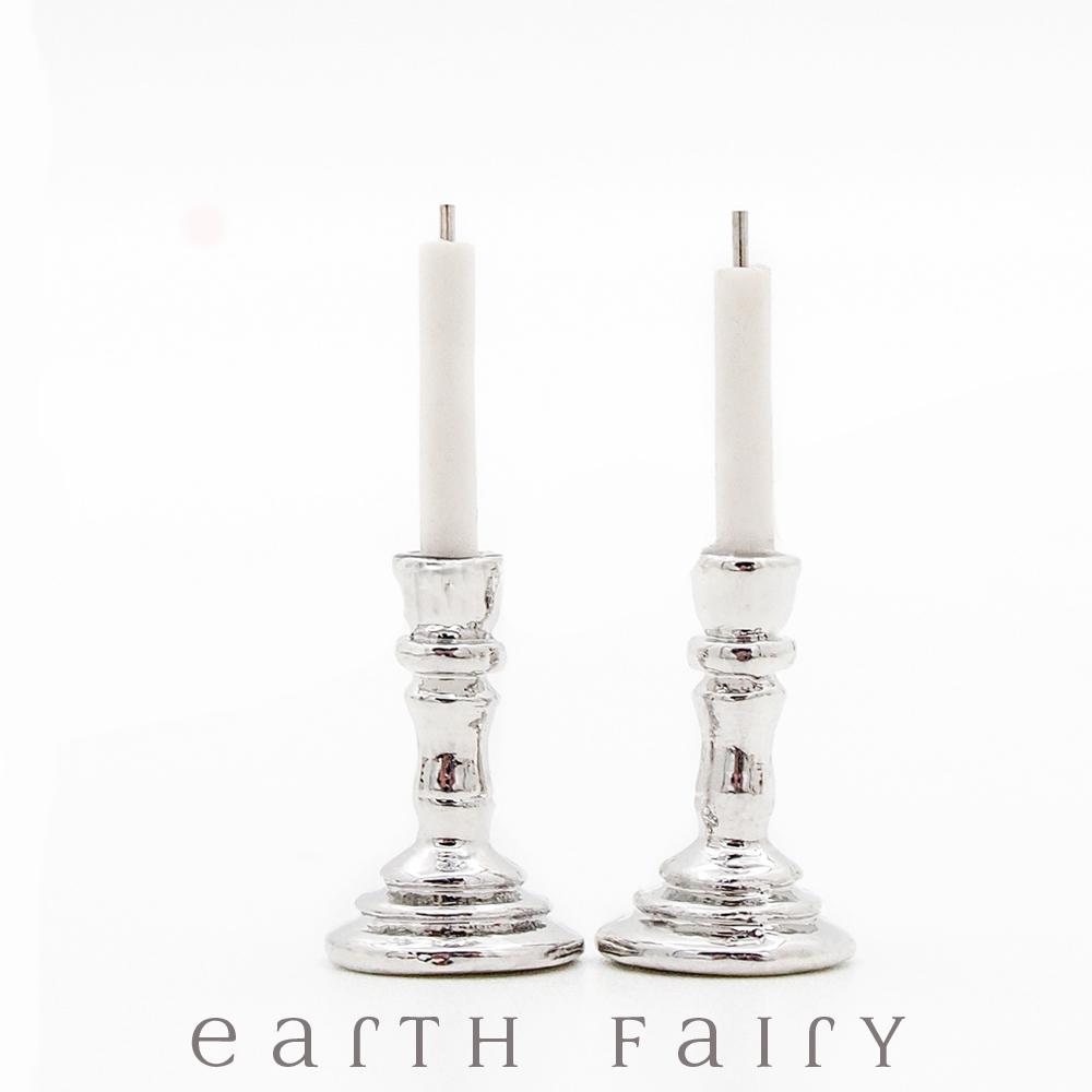 Miniature Silver Effect Candlesticks w/ Candles from The Fairy Garden Collection by Earth Fairy