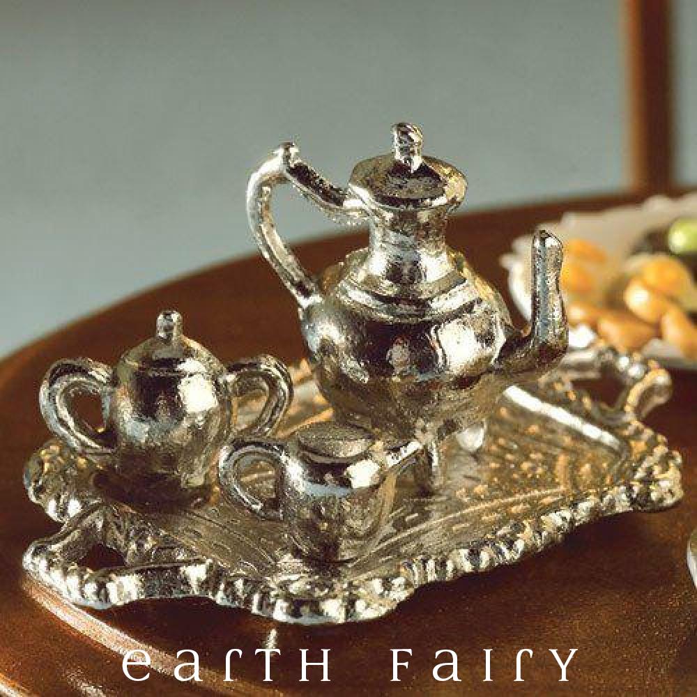 Miniature Silver Tea Service for Dollhouse or Fairy Garden by Earth Fairy