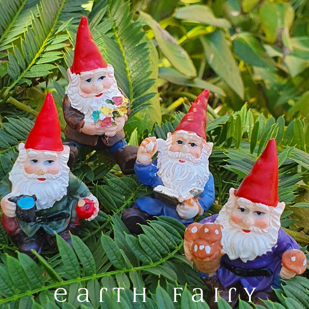 Sitting Gnomes, Set of 4, Garden Setting, from The Minaiture Fairy Garden Gnome Collection by Earth Fairy