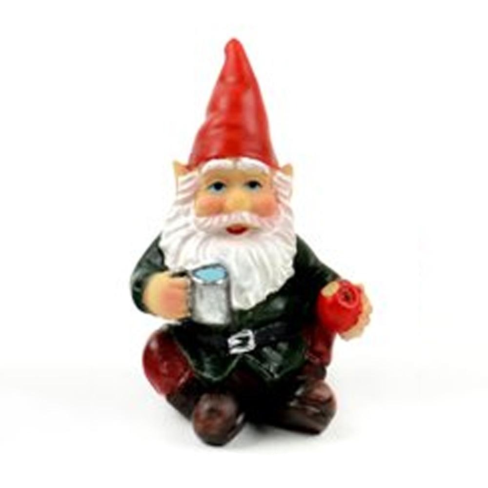 miniature polyresin gnome figurine, wearing boots, red pants, green coat and red pointy hat, posed sitting with a drink and holding an apple