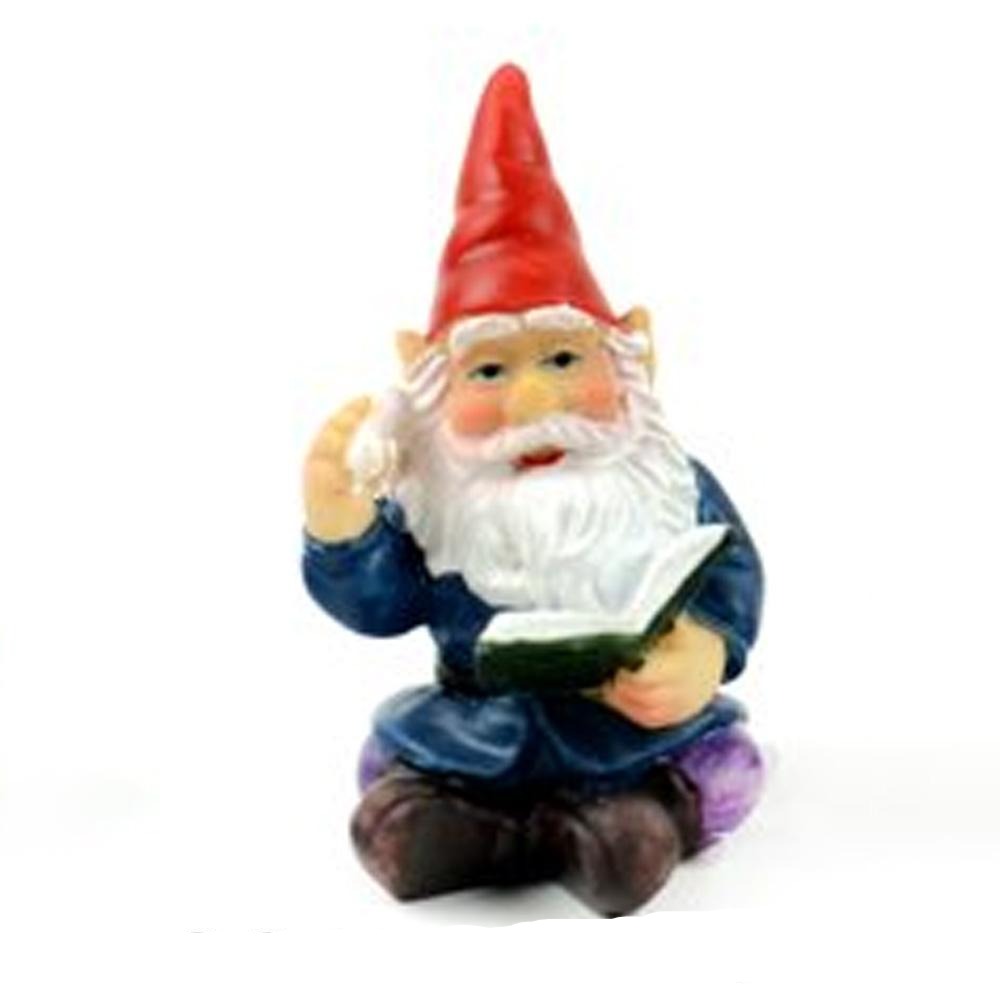 Miniature polyresin gnome figurine, dressed in boots, purple pants, blue coat and red pointy hat, sitting with a book