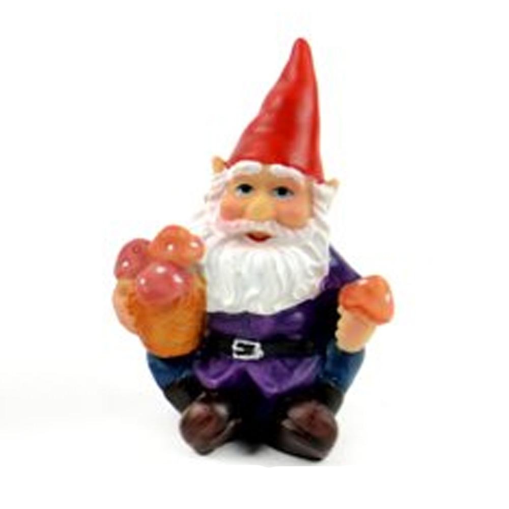 sitting miniature polyresin gnome, dressed in brown boots, blue pants, purple coat and red pointy hat, holding a pot of mushrooms