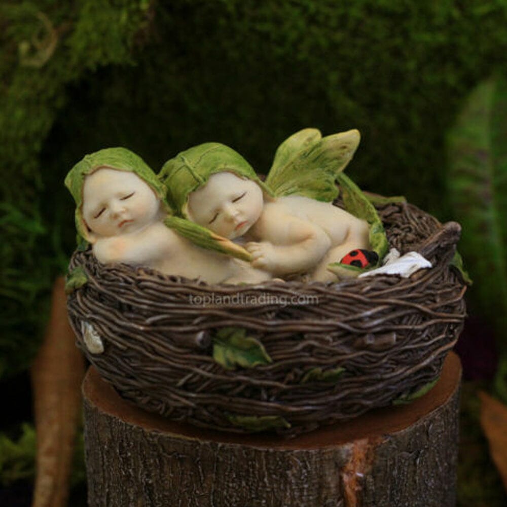 Fairies & Friends Sleeping Twin Fairy Babies in a Nest Earth Fairy