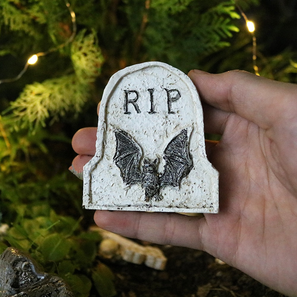 Miniature Tombstone Figurines - RIP with Bat Tombstone