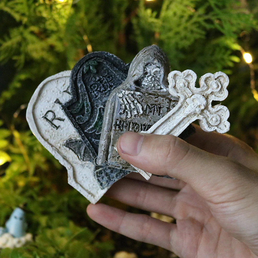 Miniature Tombstone Figurines - Set of 4 Tombstones held by hand
