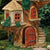 Tree House with Tyre Swing, a miniature polystone fairy house for the garden, with multiple levels, thatch roof, red opening door with wood effect and winding staircase and tyre swing
