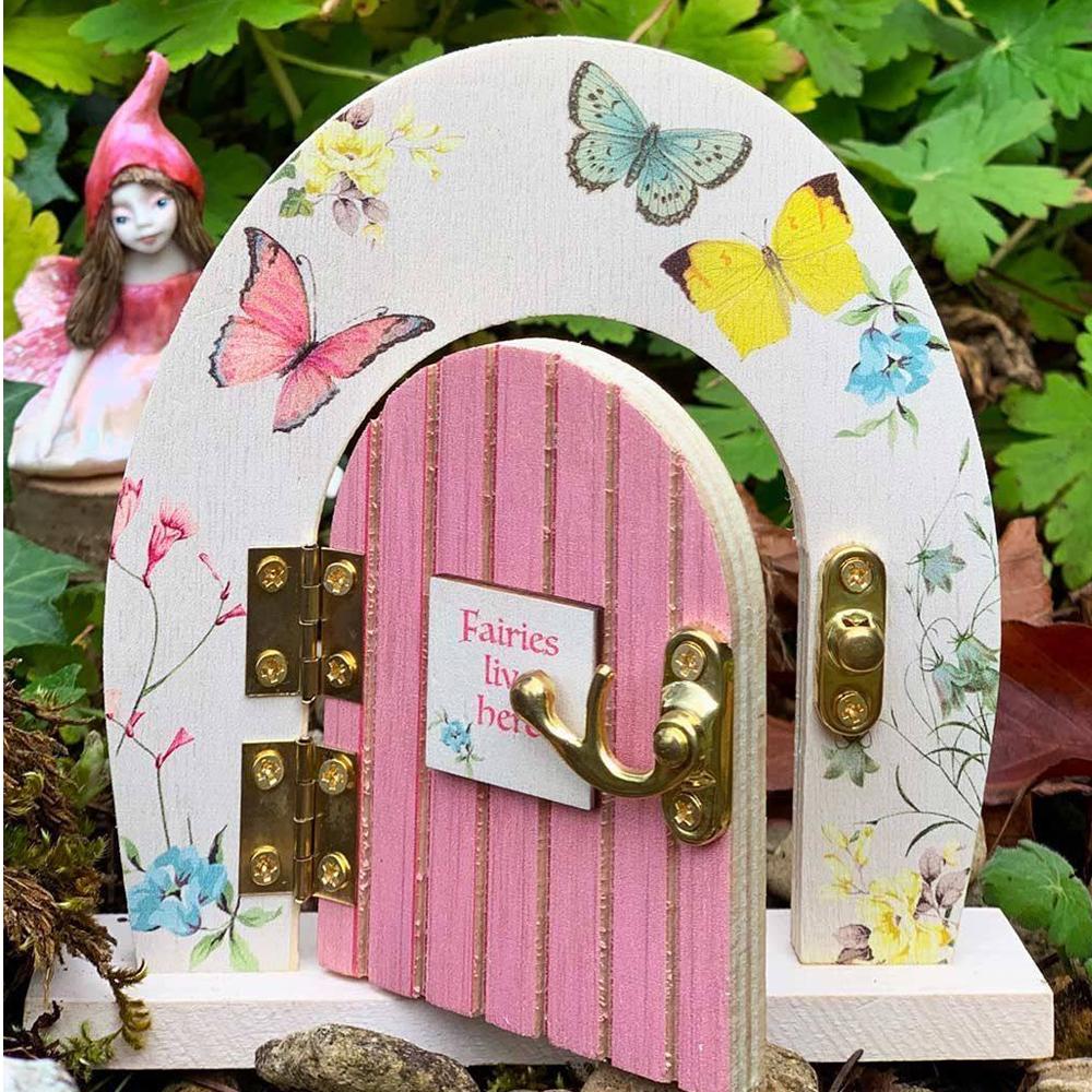 Truly Fairy Wooden Fairy Door, Fairy Themed Party Decoration, showing door open in a garden setting