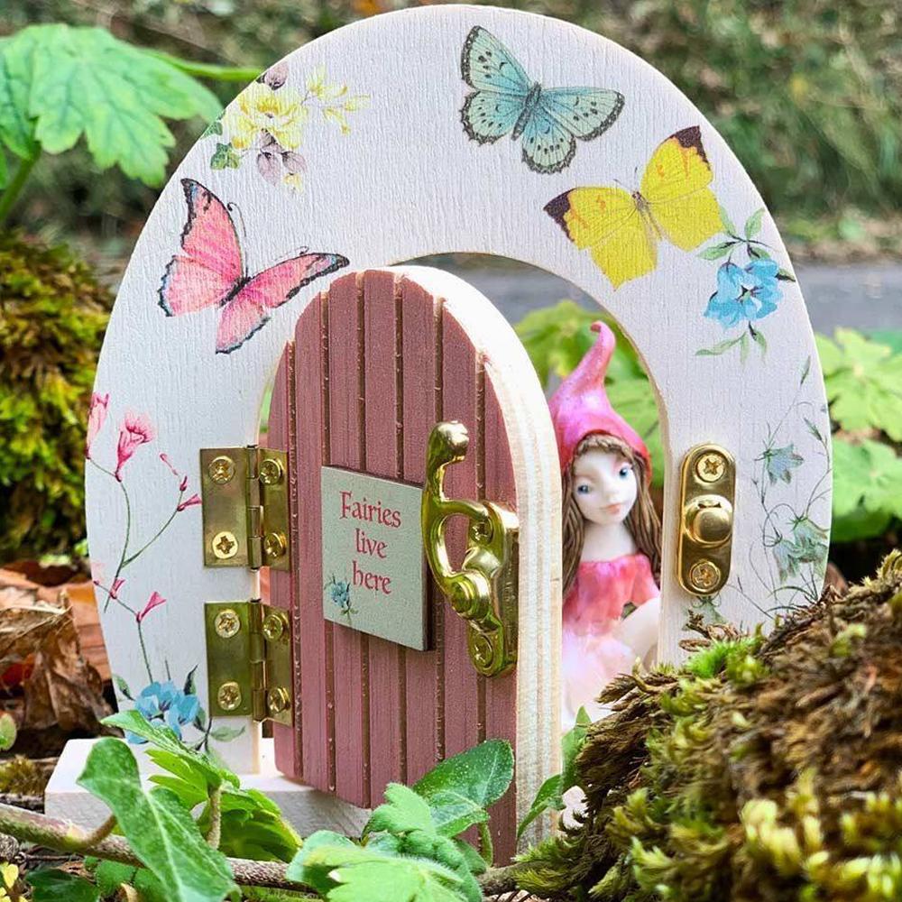 Truly Fairy Wooden Fairy Door, Fairy Themed Party Decoration shown with open door and fairy figurine