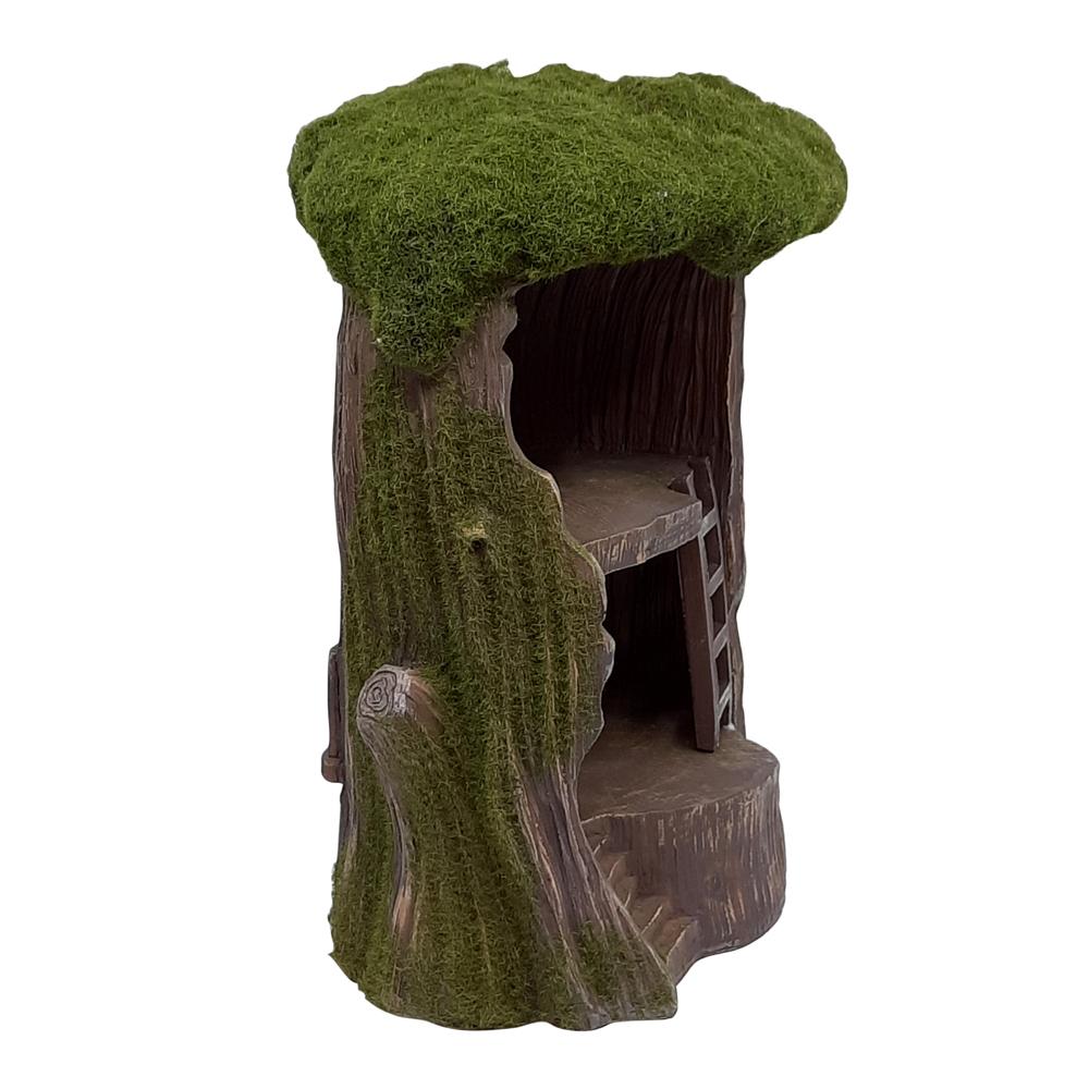 Two Storey Mossy Tree House, a miniature house for a fairy garden, featuring two distinct levels and an artificial moss roof