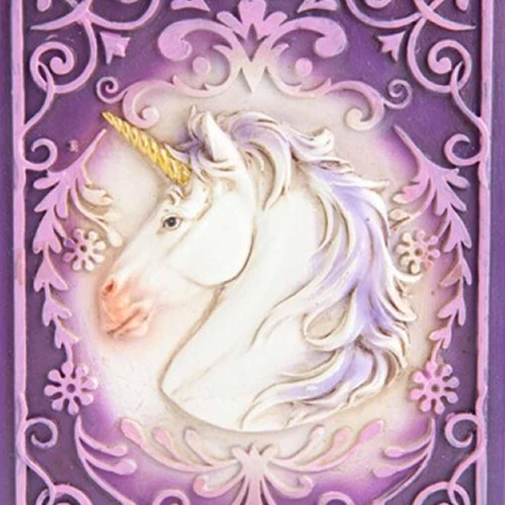 Unicorn Trinket Box, purple with unicorn decal on lid, shown open