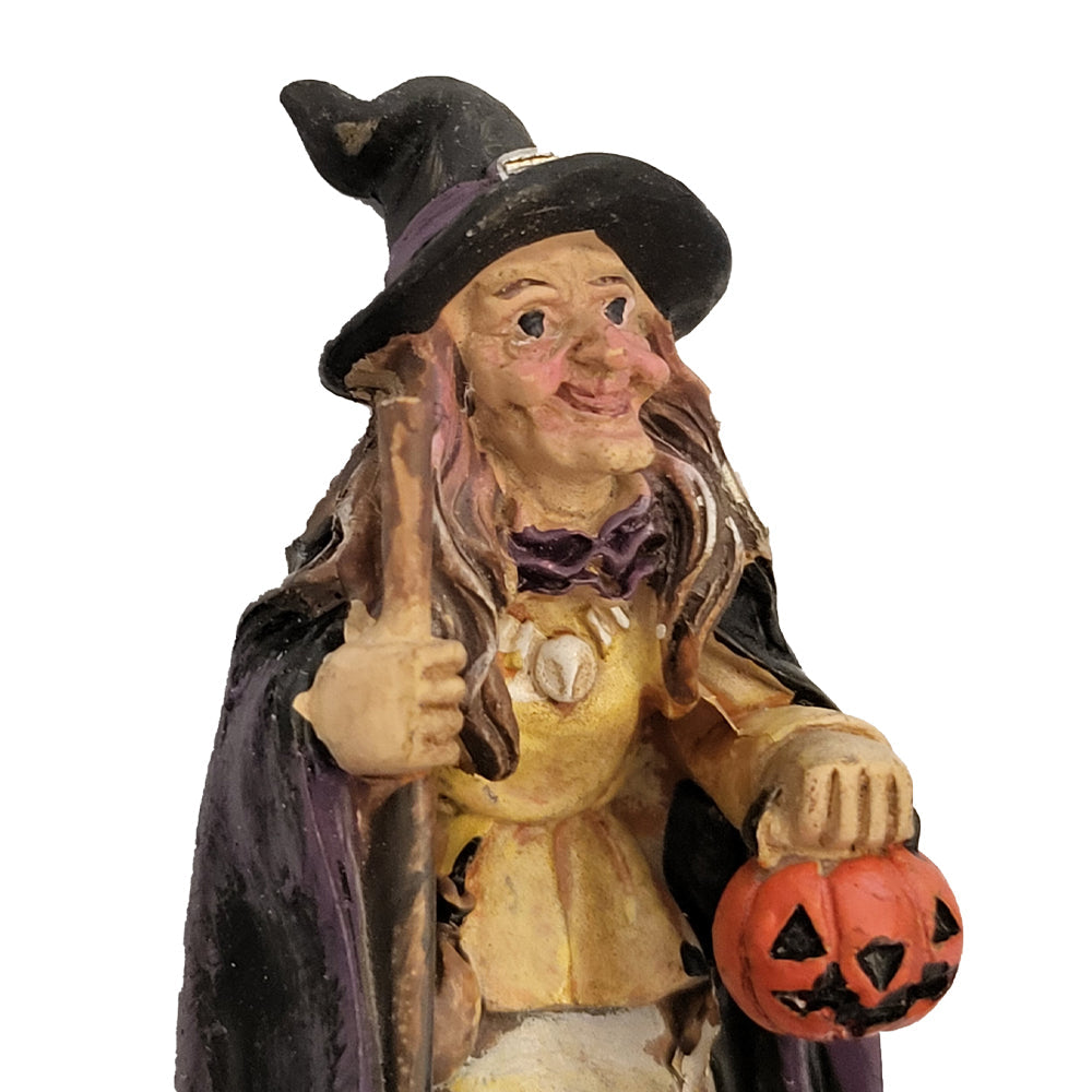 Miniature Witch with Broomstick and Jack o Lantern Figurine