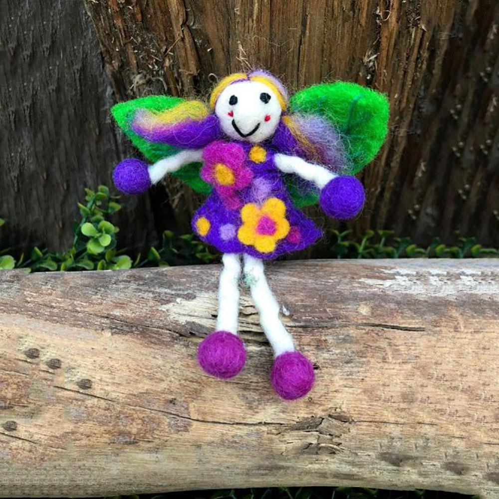 Small Wonder Faery in Purple, play toy crafted from purple felt with green wings, displayed on a white background