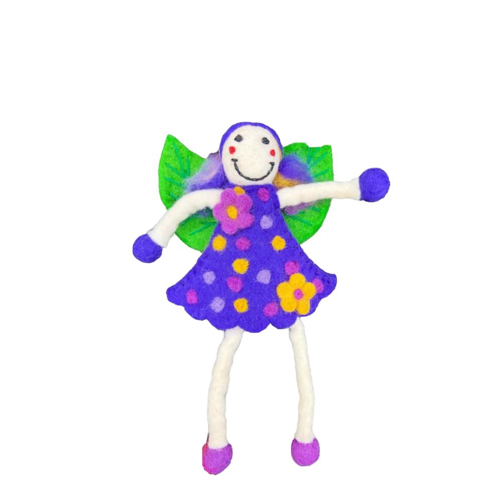 Large Wonder Faery in Purple, play toy crafted from purple felt with green wings, displayed on a white background