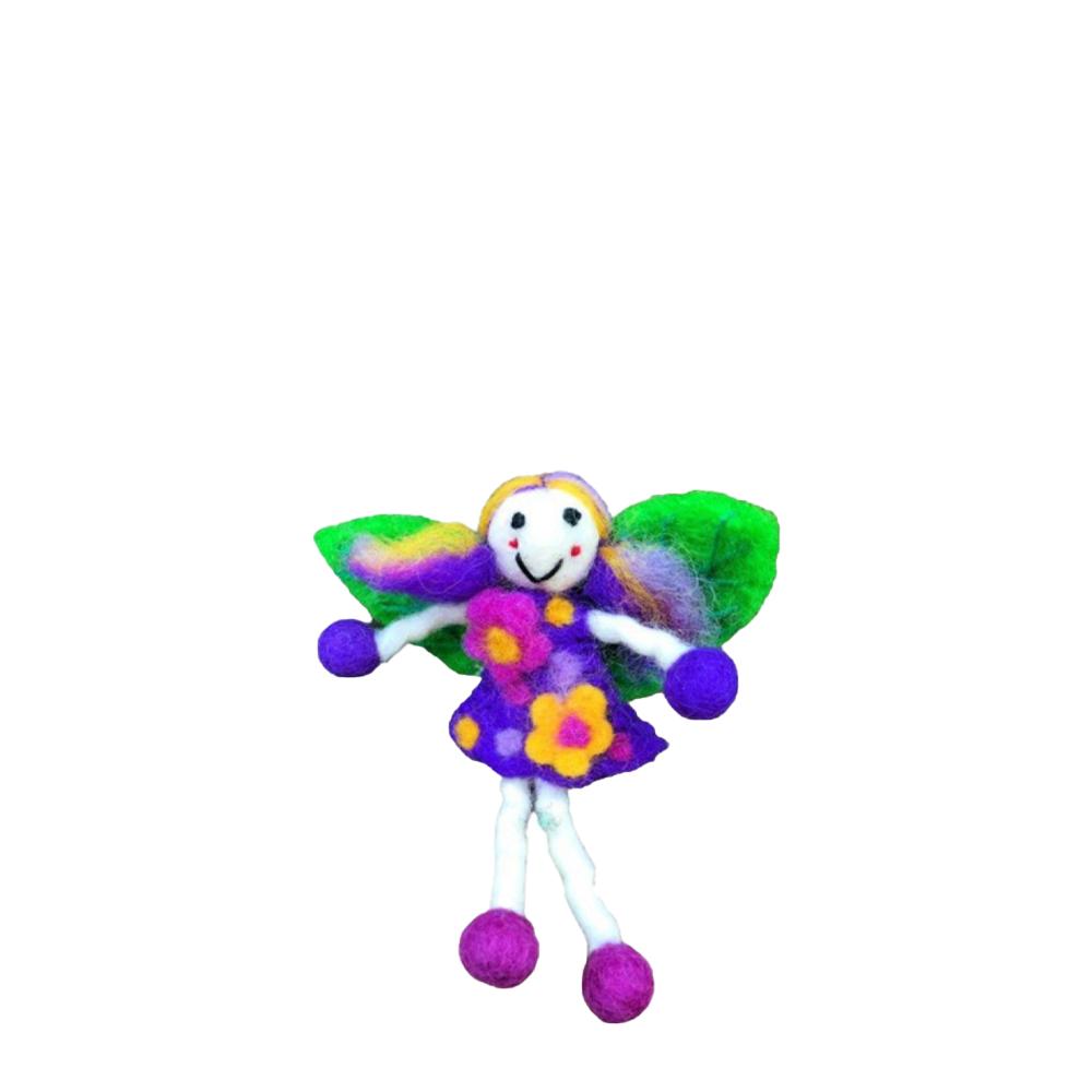 Small Wonder Faery in Purple, play toy crafted from purple felt with green wings, displayed on a white background