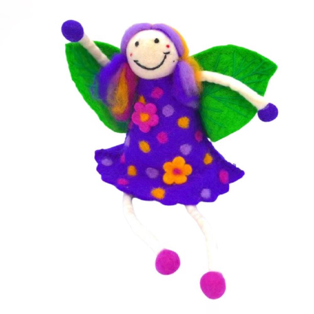 Super Large Wonder Faery in Purple, play toy crafted from purple felt with green wings, displayed on a white background